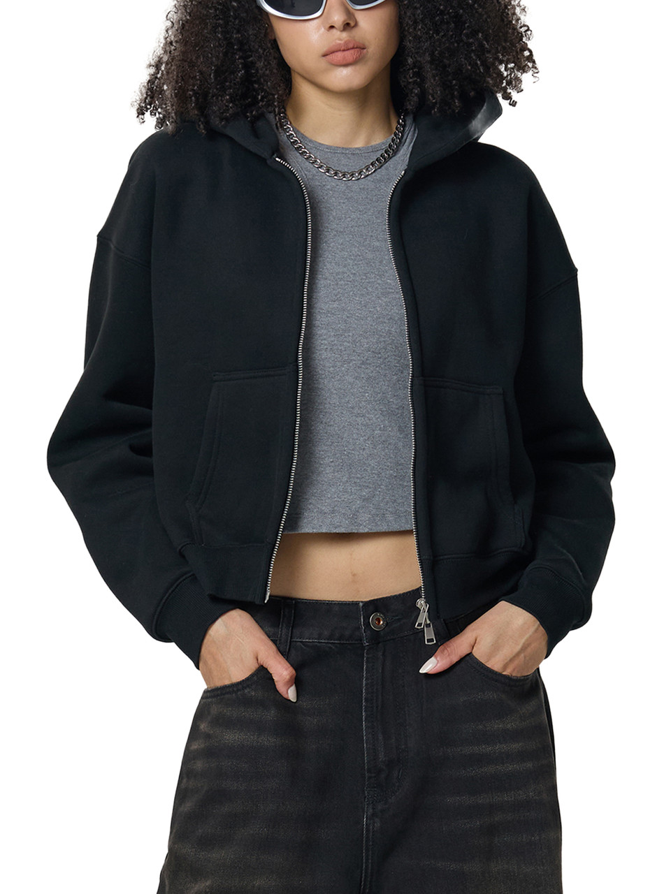 FUTILE (GREEN) - Fleeced Zip-Up Cropped Hoodie #260301PODUA1877